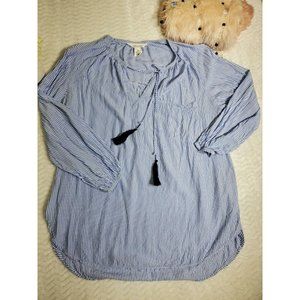Workshop republic clothing 0X blue Striped BLOUSE loose With Tassels 3/4 sleeve
